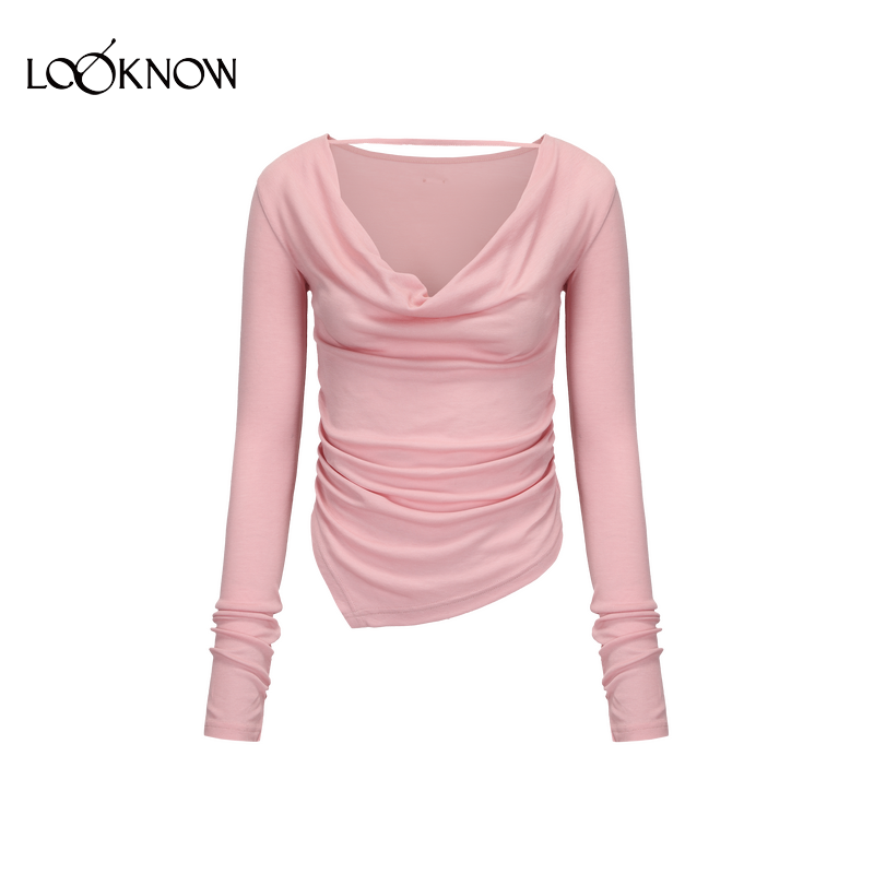 IF BY LAND设计师品牌LOOKNOW2025年春季新款粉色荡领莱赛尔T恤女