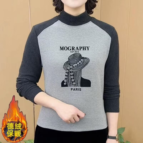 双面德绒打底衫女秋冬季新款内搭显瘦妈妈装时尚镶钻保暖长袖上衣 - 图0