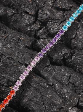 手链锆石水晶彩色嘻哈网球满钻极细彩虹手串石女925风手镯纯银镶