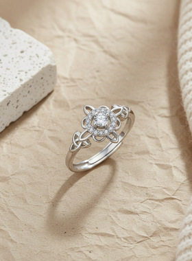 轻奢花朵镶钻戒指女开口可调节凯尔特指环求婚礼物小众日常佩戴