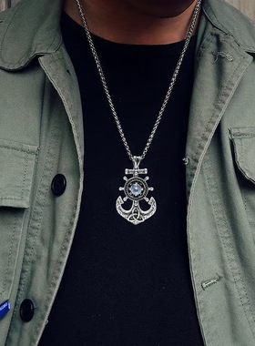 原创船锚舵轮项链男女通用银色复古工装风潮流配饰中古风