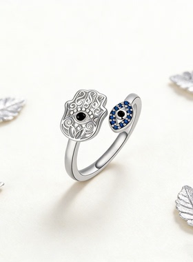 欧美风恶魔之眼蓝宝石开口戒指女合金可调节指环浪漫简约食指戒