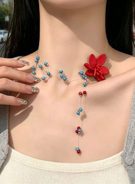纯欲风花朵项链红蓝色串珠锁骨链choker感颈链女式甜妹风饰品