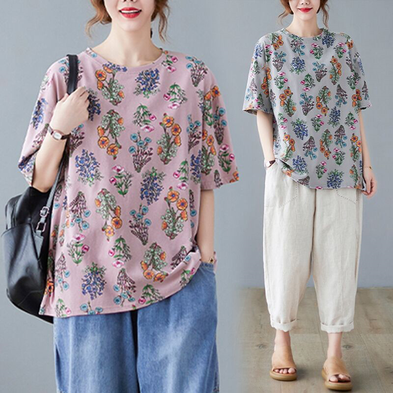 新款复古碎花短袖t恤女中年妈妈装打底衫大码女装宽松上衣春夏季