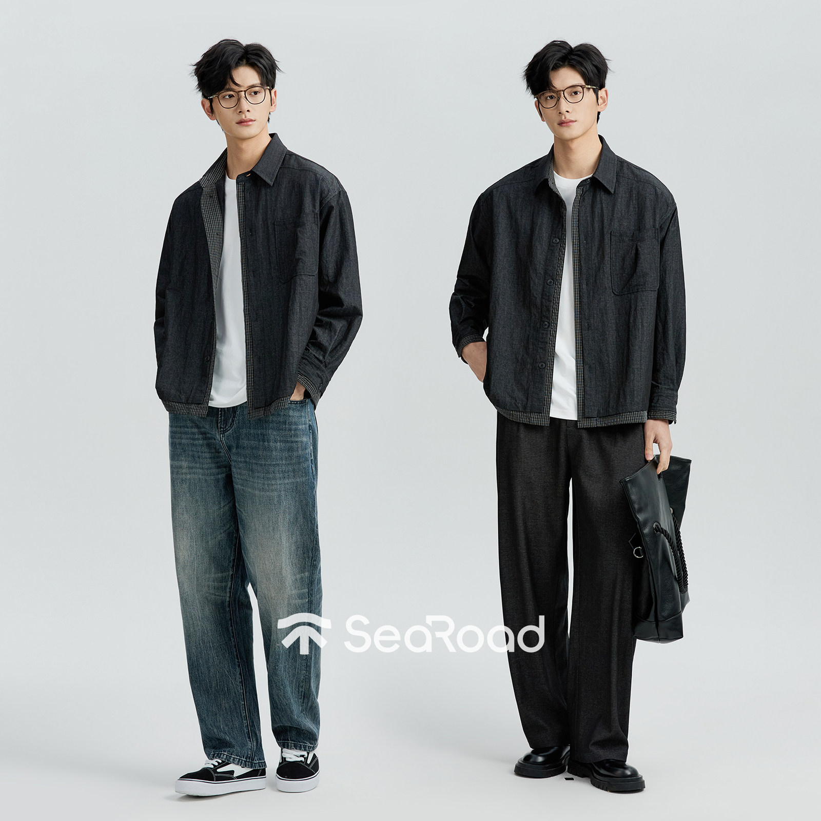 海上公路假两件拼格衬衫男士26年春季撞色微皱肌理感休闲长袖上衣