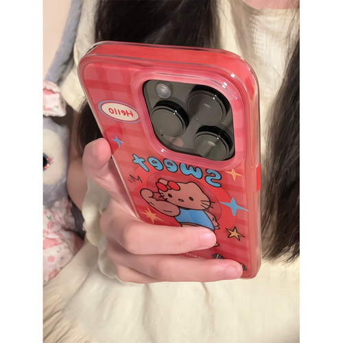 红格纹卡通可爱肌肉猫咪适用苹果18promax手机壳iPhone17女新款16磁吸支架15日系16Pro防摔15pro保护套14网红 - 图1