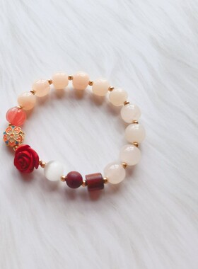 天然新疆金丝玉渐变粉色手串朱砂花朵南瓜珠手链女紫檀木白猫眼石