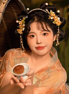 超仙古风奶黄琉璃夏季汉服头饰