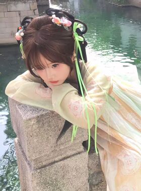 粉桃子毛绒汉服发饰古装粉色丝带
