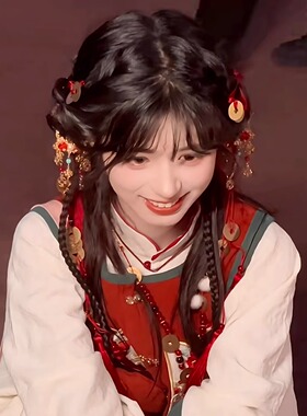小财神国风新年毛球流苏发冠红色