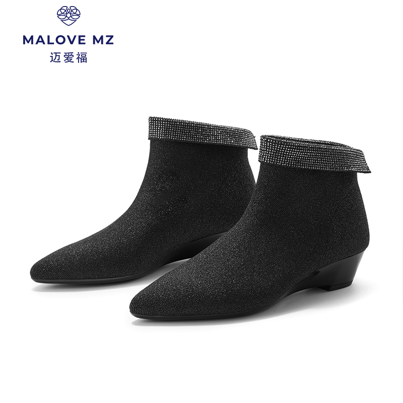 MALOVE MZ短靴女2024秋冬新款尖头坡跟弹力靴法式短靴时尚瘦瘦靴