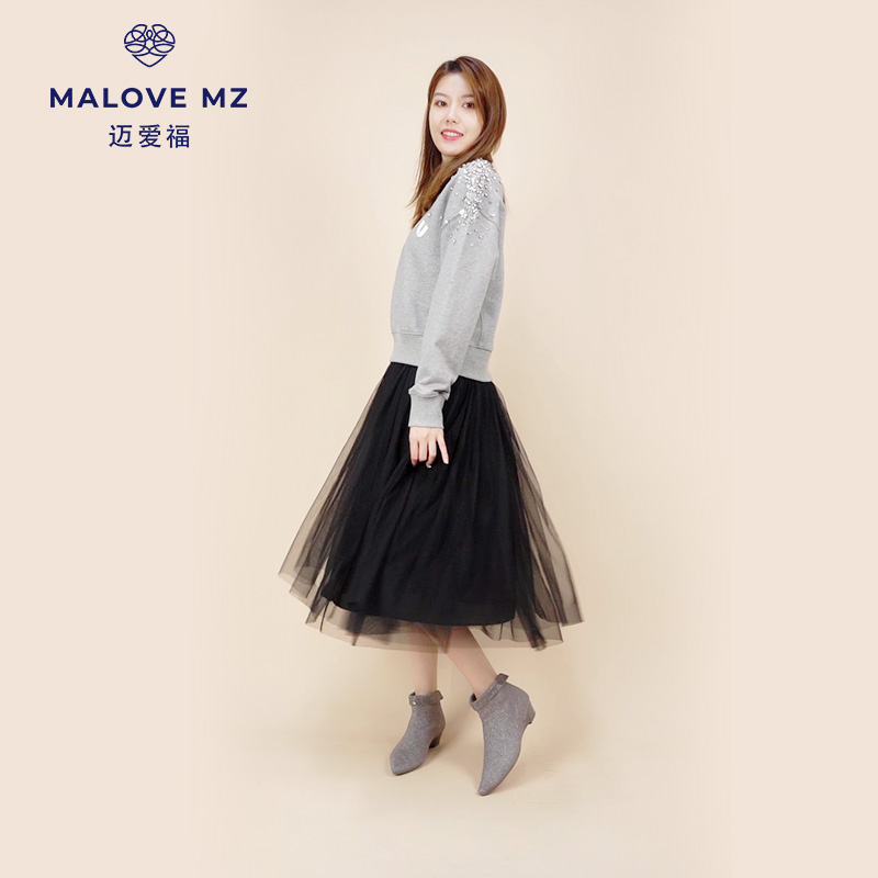 MALOVE MZ短靴女2024秋冬新款尖头坡跟弹力靴法式短靴时尚瘦瘦靴