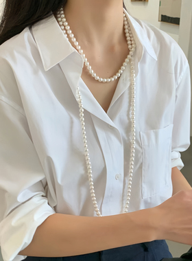 长款珍珠项链女士3mm极细施家珍珠项链颈链多层双层叠戴毛衣链女