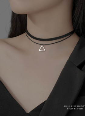 uvk纯银三角吊坠皮绒黑色项圈