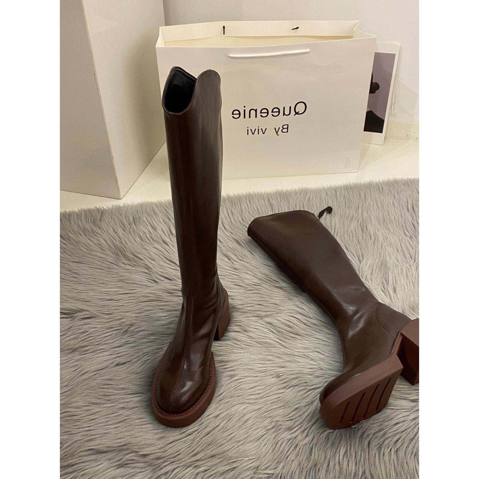 潮牌高跟小众棕色长筒骑士靴女鞋新款春秋冬季中筒V口高筒长靴子,淘宝优惠券,粉丝福利购,淘宝优惠卷