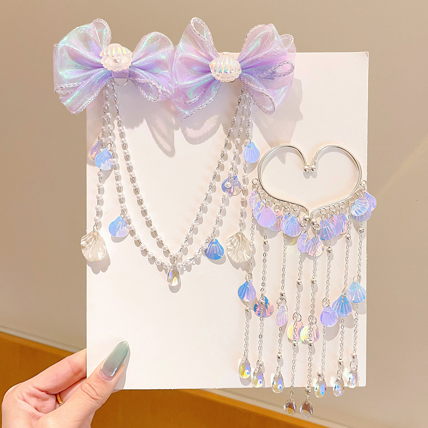 儿童美人鱼贝壳发夹女童公主风蝴蝶结流苏额头链头饰小女孩耳挂,淘宝优惠券,粉丝福利购,淘宝优惠卷