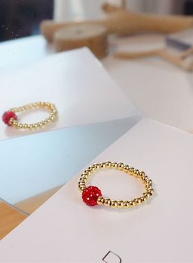 钛钢戒指珠珠弹力绳金豆子红色钻球751(满9.9包邮)