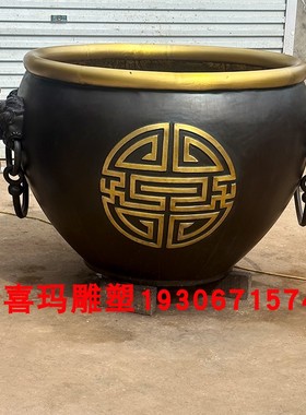 定制铸铜大缸庭院刻字纯铜门海中式仿古双狮头水缸1.2m口径故宫缸