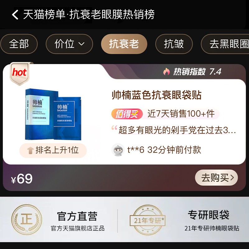 帅楠眼膜淡化黑眼圈细纹抗衰抗皱抚纹紧致眼贴眼袋贴正品抗衰老