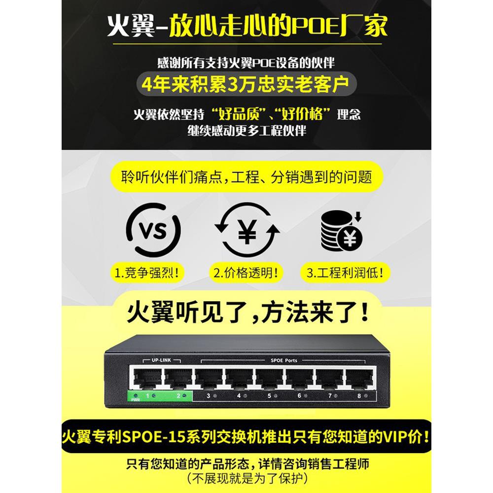 适用【火翼SPOE】4口5口16口8口POE交换机百兆网络监控头/无线AP/门禁对讲/考勤打卡机集中供电代替方案-图0