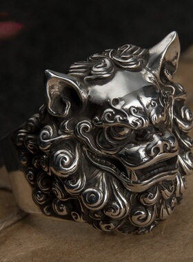 FuGui原创设计复古唐狮子中国风戒指个性霸气男款做旧开口指环ins