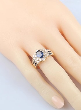 「9.5新」日本进口商品椭圆形切工蓝宝石群镶钻石戒指K18黄金54号