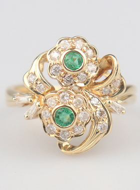 中古「95新」日本进口商品祖母绿双花形钻石戒指K18黄金53号高级