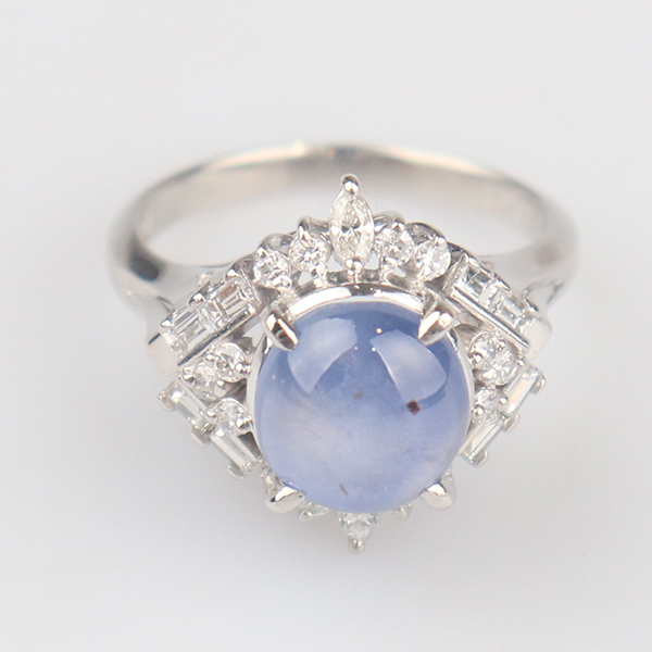 中古「95新」凸圆形切工星光蓝宝石戒指铂金900 52号 - 图0