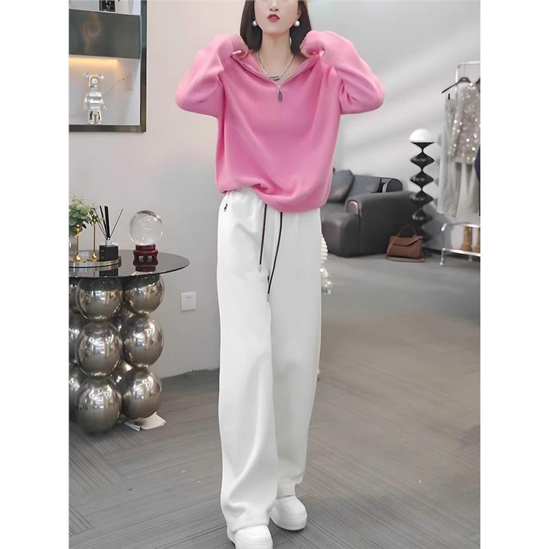 JOYIASS秋日ootd穿搭一整套2025洋气减龄粉色连帽卫衣阔腿休闲裤 - 图0
