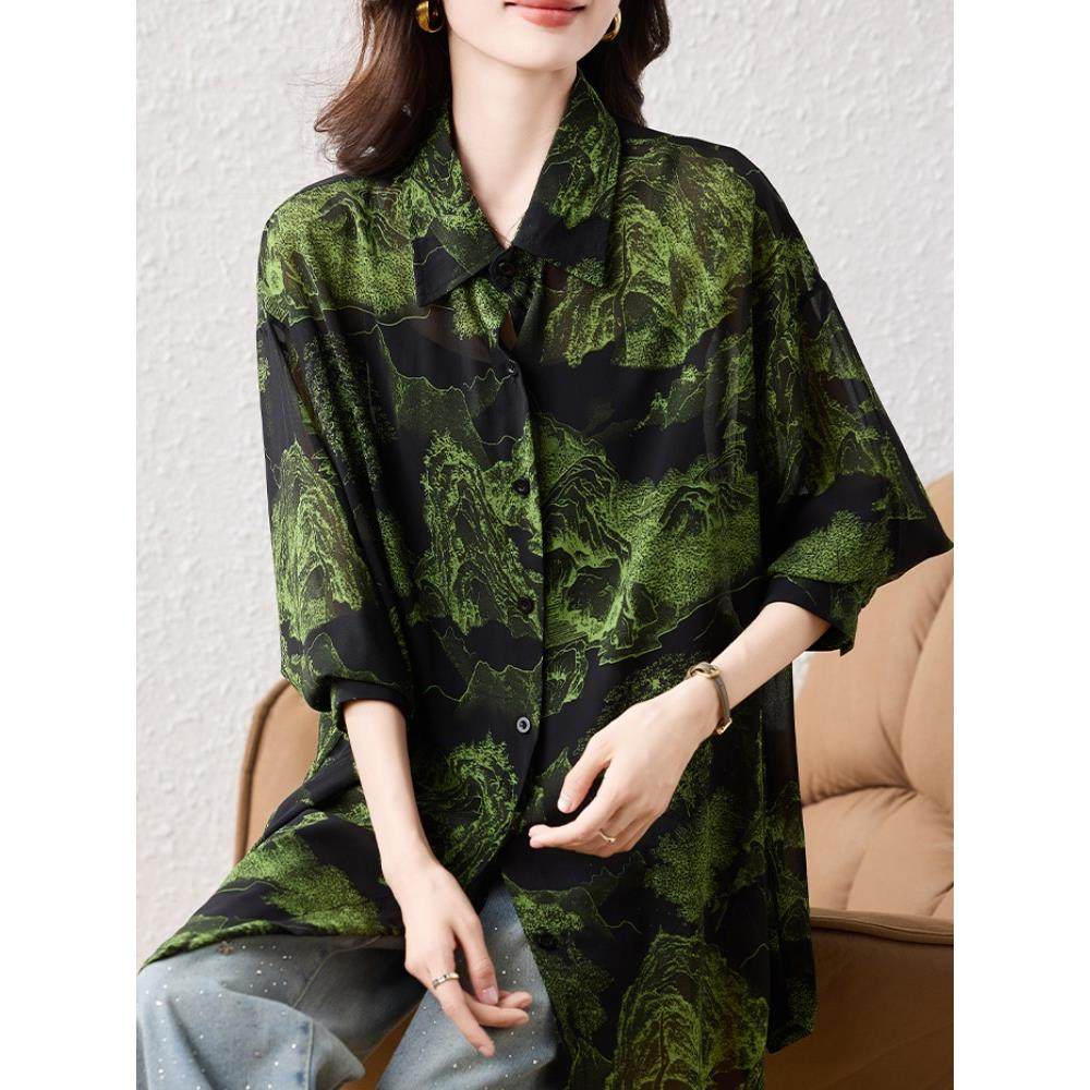 JOYIASS气质印花雪纺衬衫欧货大码防晒衬衣2025早秋新款宽松上衣,淘宝优惠券,粉丝福利购,淘宝优惠卷