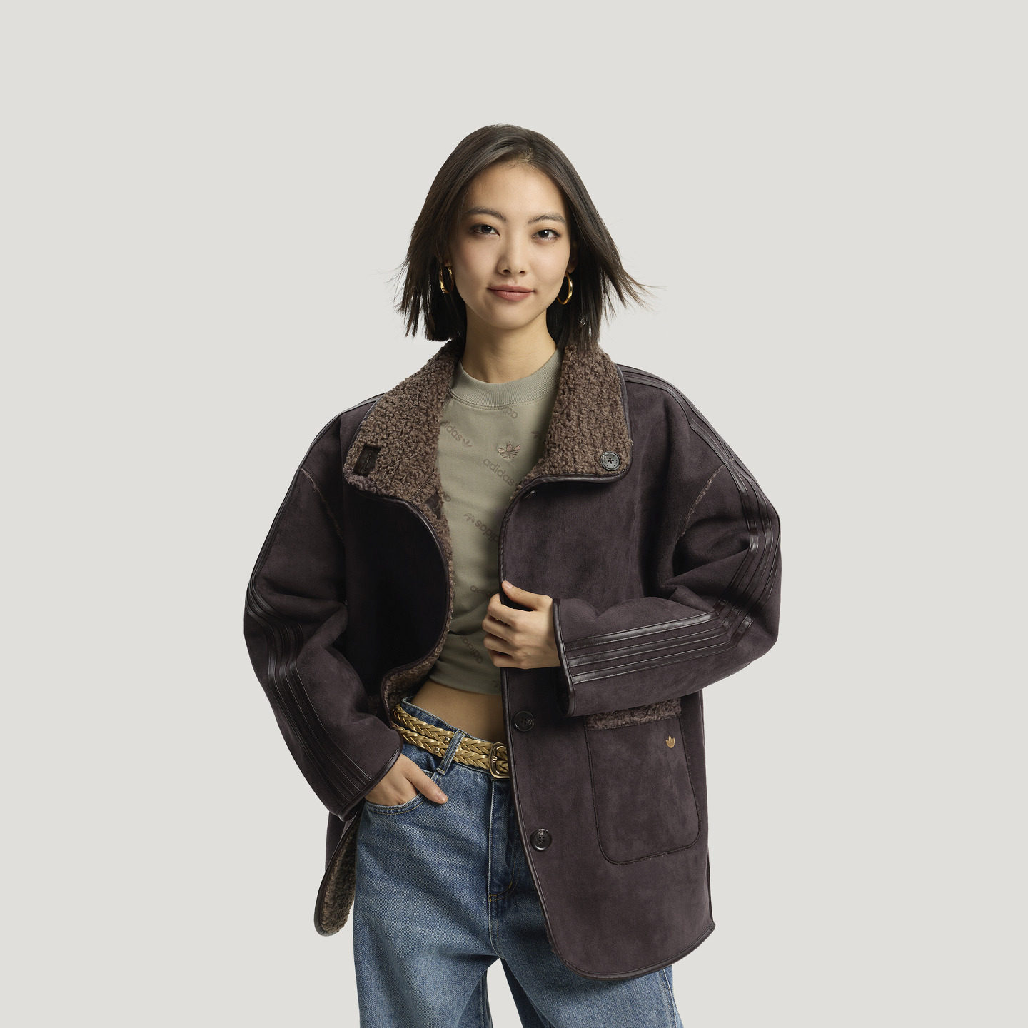 贺聪同款新年款双面穿仿羊羔绒休闲外套女冬adidas阿迪达斯三叶草,淘宝优惠券,粉丝福利购,淘宝优惠卷