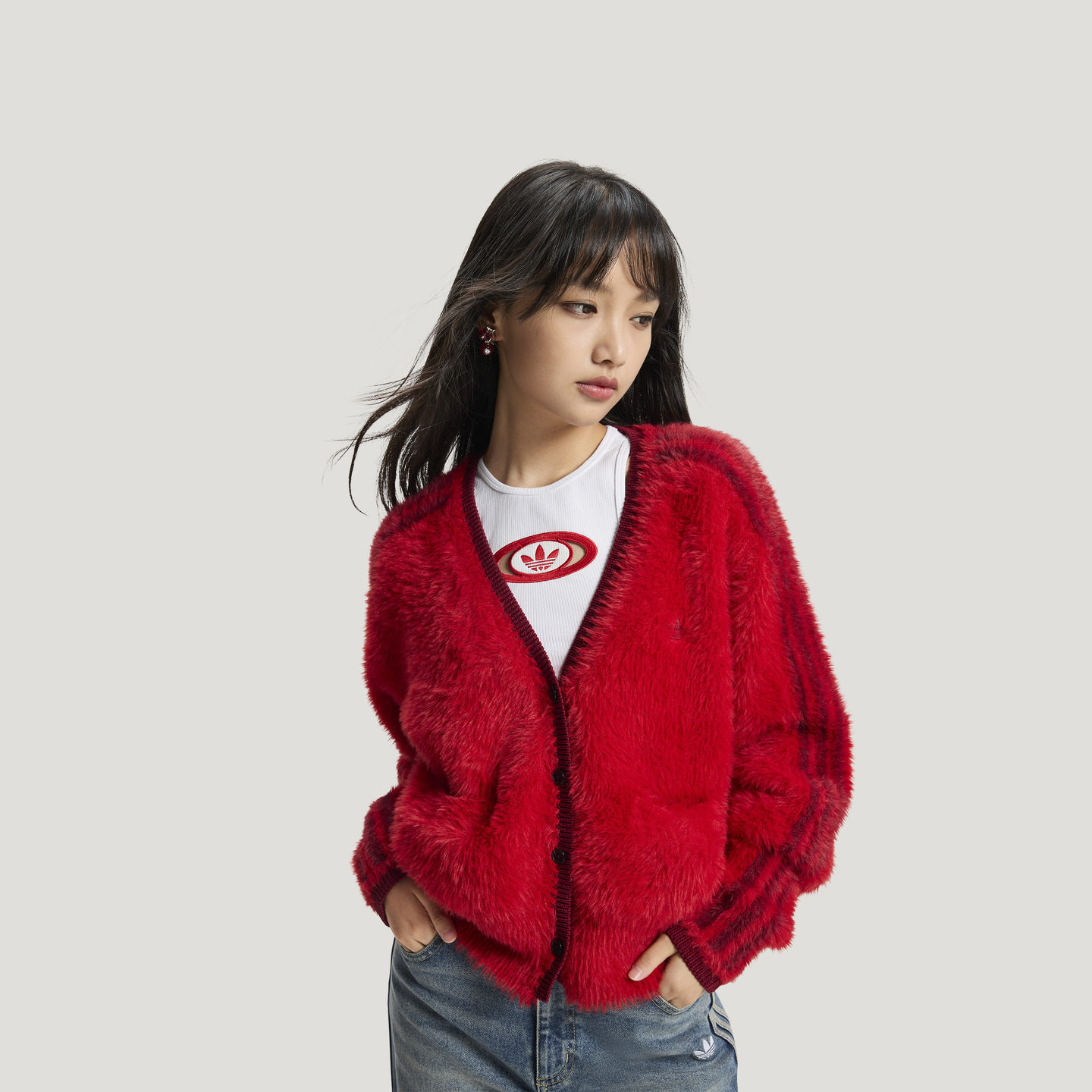 欧阳娜娜同款新年款毛绒针织毛衣开衫外套女adidas阿迪达斯三叶草,淘宝优惠券,粉丝福利购,淘宝优惠卷