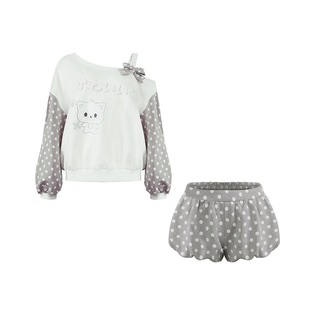 Girly coconut daily style kitten polka dot spring gray polka dot off-shoulder top for women + ໂສ້ງສັ້ນ polka dot ສີເທົາ