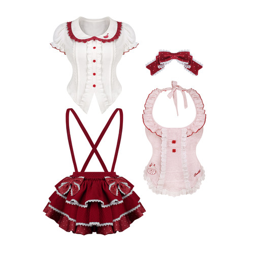 少女椰子草莓慕斯夏日穿搭套装短袖衬衫送蝴蝶结+围裙+波点背带裙 - 图3