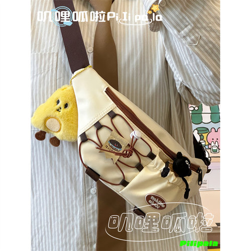 日系复古风斜挎包女小众抽绳设计胸包运动骑行大容量腰包男饺子包 - 图2