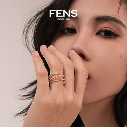 FENS珠宝 18K金戒指女小众弹簧珠珠指环叠戴饰品 - 图0