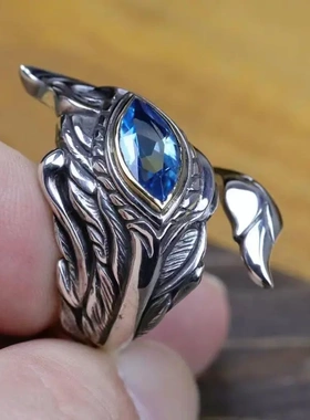 大鹏金翅鸟羽戒指男潮镶嵌托帕锆石复古霸气高级朋克可调节指环