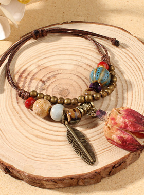 手工编织陶瓷植物橡果手链天然果实手绳复古森系文艺民族风手串女