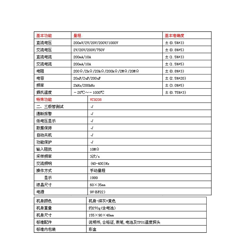 胜利仪器VC9208 数字万用表 高精度数字多用表 高性能清晰万能表 - 图1