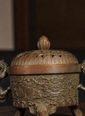 仿古做旧铜香薰炉八宝龙耳炉三足香炉复古家居装饰摆件茶桌盘香炉