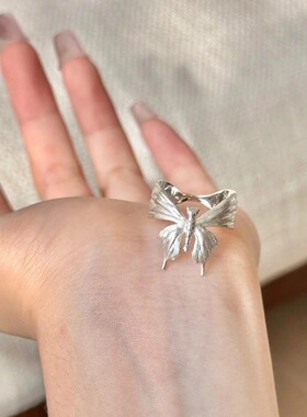 意大利中古拉丝轻奢高级感珠宝925纯银拉丝工艺锻面蝴蝶戒指