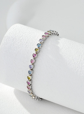 跨境嘻哈单排网球链S925纯银爱心彩虹锆石手链时尚高级感男女手饰