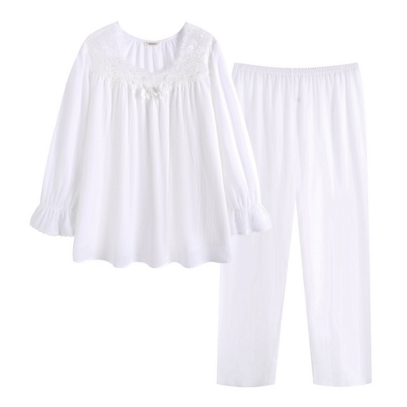 罗丝美春夏新款15042纯棉提花皱布圆领套头镶蕾丝长袖睡衣套装女,淘宝优惠券,粉丝福利购,淘宝优惠卷