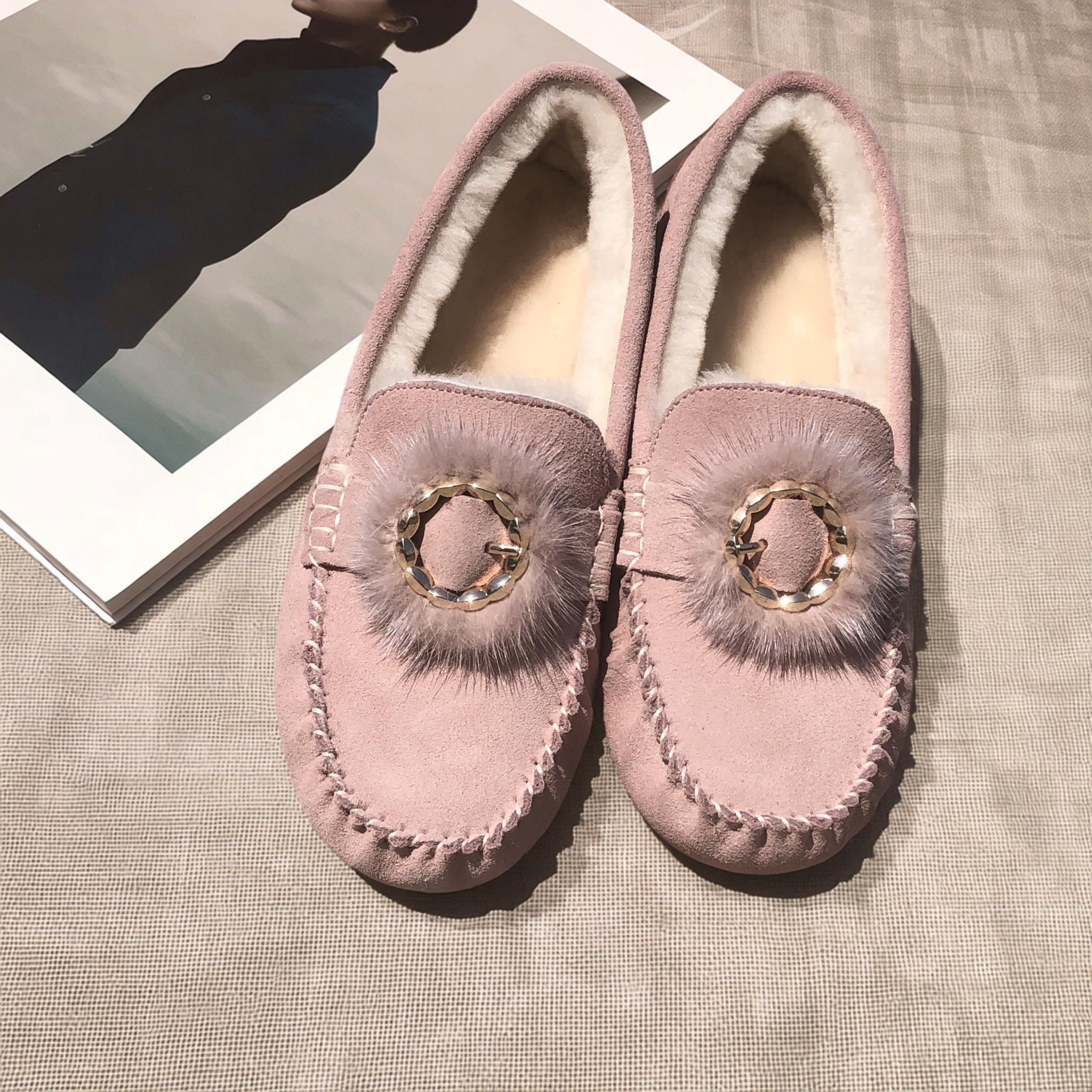 JUMBO简帛澳洲羊皮毛一体羊毛休闲女鞋豆豆鞋牛皮帮面圆头坡跟,淘宝优惠券,粉丝福利购,淘宝优惠卷