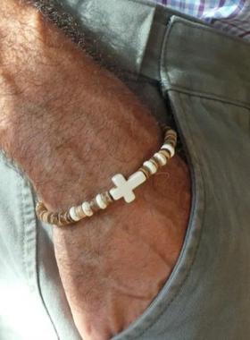 Cross Bracelet for Men椰壳木片松石十字架手链男嘻哈木头手环
