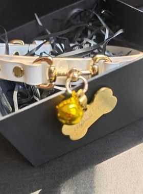 白色真皮铃铛项圈女颈环二层牛皮颈带植鞣革双扣choker刻字