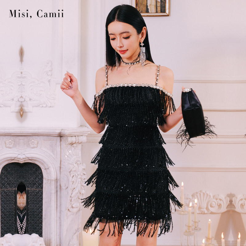 Misi.Camii2024秋冬新款女钻饰吊带亮片流苏礼服裙年会晚宴连衣裙