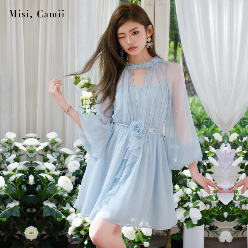Misi.Camii2025夏季新款女装钻饰玫瑰灯笼袖连衣裙高级感时尚显瘦