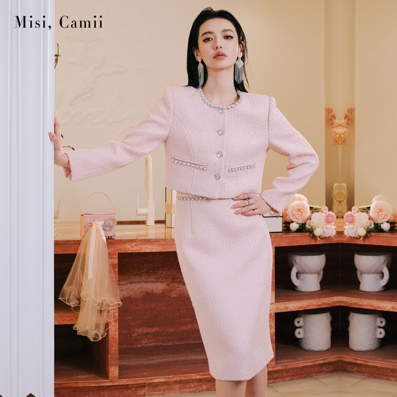 Misi.Camii早秋新款女装名媛风圆珠钻链包裙花呢套装时尚小香风 - 图1