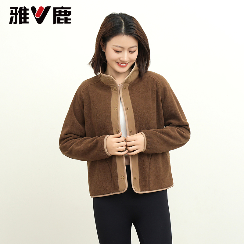 雅鹿拼接翻领小香风摇粒绒外套时尚